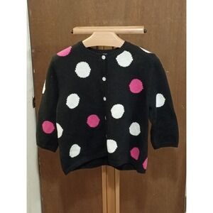 PENDLETON BLACK W/HAND INTARSIA WHITE & PINK BIG DOTS COTTON CARDIGAN SWEATER L.